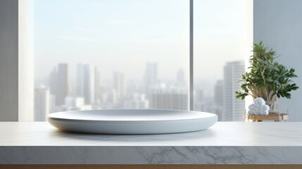 Serene Luxury: Empty Marble Table in Modern White Bathroom, Clean Design, Elegant Interior with Minimalist Style and Shiny Reflection