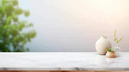 Fototapeta na wymiar Serene Luxury: Empty Marble Table in Modern White Bathroom, Clean Design, Elegant Interior with Minimalist Style and Shiny Reflection