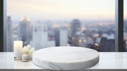 Serene Luxury: Empty Marble Table in Modern White Bathroom, Clean Design, Elegant Interior with Minimalist Style and Shiny Reflection