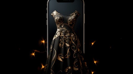  a mobile screen displaying black dress on screen and has dark background