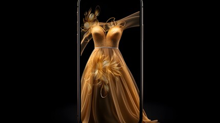 a mobile screen displaying golden dress on screen and has dark background