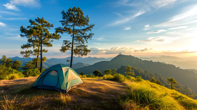 Camp ground tent in forest mountain under blue sky. Outdoor trekking adventure lifestyle.