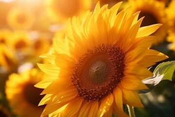 Obraz premium Sunflower close-up basking in golden sunlight.