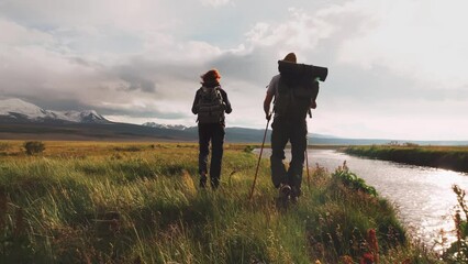 Happy young couple hikers with backpacks are having fun and playful run near mountain river