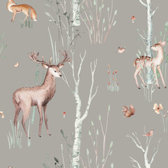 Watercolor Woodland animals seamless pattern. Fabric wallpaper forest with baby deer. Owl, fox and butterfly, Bunny rabbit set of forest, bear and bird baby animal Nursery © kris_art