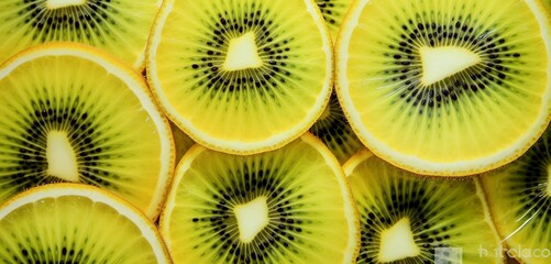 Bright lemon and green kiwi slices on a pastel olive cloth, showcasing their vivid colors and detailed textures
