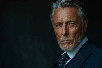 A sophisticated portrait capturing the essence of a mature gentleman, with salt-and-pepper hair, tailored suit, and a gaze that reflects wisdom and refinement.
