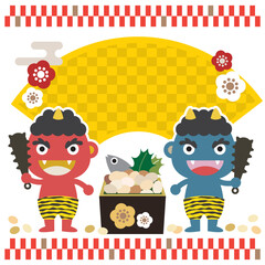 かわいい赤鬼と青鬼の節分用ましかくフレーム