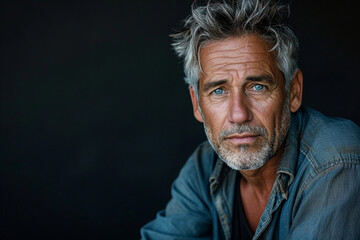 A timeless portrait of a middle-aged man with distinguished features, showcasing his rugged charm and the character etched into his expressive face. - obrazy, fototapety, plakaty