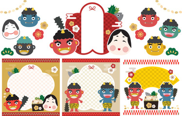 節分　かわいい鬼とおたふくのイラスト・フレームセット　タイトルなし