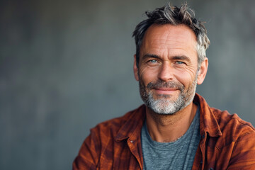 Obraz premium A portrait capturing the rugged handsomeness of a man in his forties, featuring a mix of casual elegance, a hint of stubble, and a knowing smile.