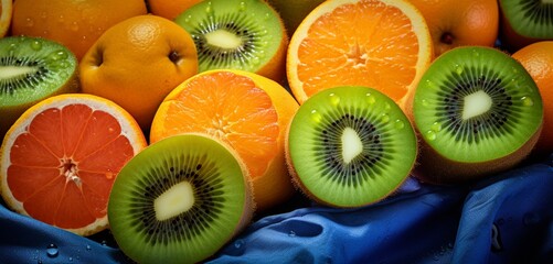 Freshly sliced oranges and kiwis displayed on a pastel sapphire cloth, capturing their vivid colors...