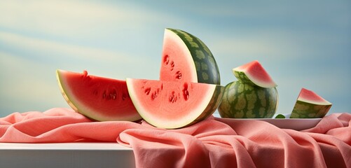 Freshly sliced watermelon and cantaloupe on a pastel sky grey cloth, their juicy interiors and textures vividly depicted