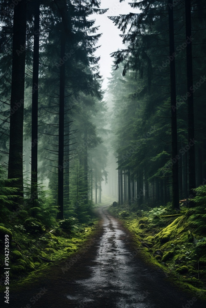 Wall mural mystical foggy forest path