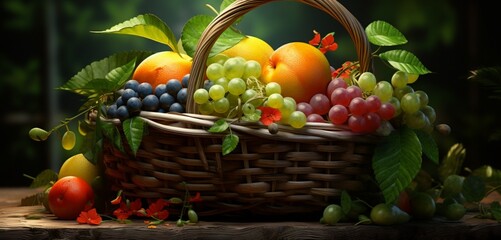 In a basket lived four best friends a Cherry, a Peach, a Grape, and a Lemon, nestled among vibrant green leaves.
