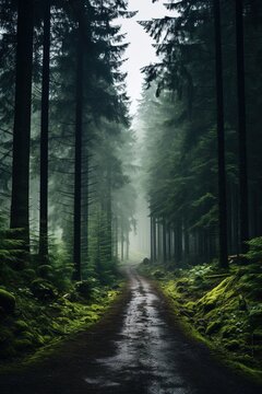 Mystical foggy forest path
