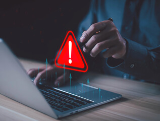 Warnings exclamation mark alerts in computer systems to be aware of the dangers and risks of...
