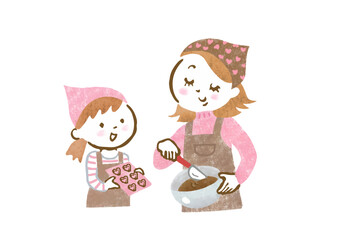 バレンタインのチョコレートを手作りする親子の手描きイラスト
