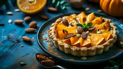 Fotobehang Pumpkin tart with almonds and tangerines on a dark blue background © shameem