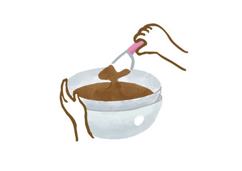 チョコレートをボウルで湯煎している手元の手描きイラスト