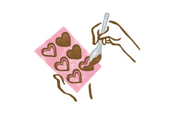 チョコレートをハートの型に流し入れる手元の手描きイラスト