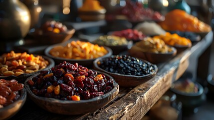 Variety of dried fruits in bowls on a rustic wooden table - obrazy, fototapety, plakaty