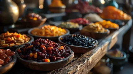 Fotobehang Variety of dried fruits in bowls on a rustic wooden table © shameem