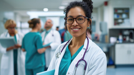 Smiling female doctor wearing a white lab coat with a stethoscope around her neck, holding a clipboard, standing in a busy hospital corridor with blurred healthcare professionals in the background.