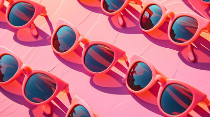 pattern of identical sunglasses on background. Pink texture. coral background. Geometrical texture. Symbol of spring or summer. Summer time. Background for spring or summer. Good weather.