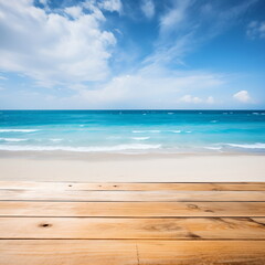 Wooden table by the beach with the sea in the background