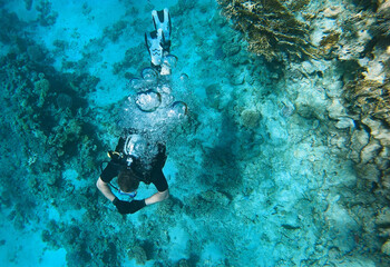 scuba diver, male diver swimming along the seabed and coral reef in the Red Sea