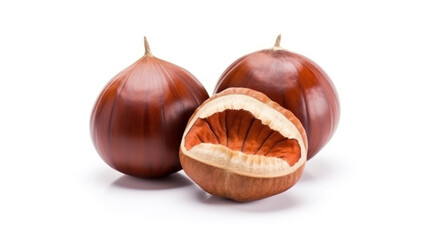 Chestnut with leaves close up on white backgrounds.