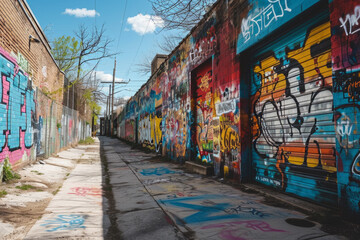 An urban warehouse alley with colorful graffiti on the walls showcasing street culture and urban art themes, with a clear daytime sky.