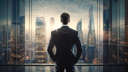 A successful businessman in a suit looks out the window at the cityscape from an office in a skyscraper, back view.