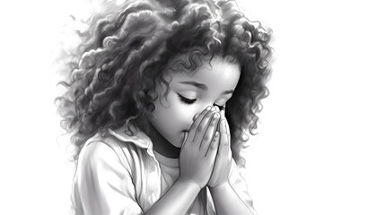 Cute little girl praying with both hands fervently wishing and giving thanks to God, children's sketch illustration drawn in pencil. Generative AI - obrazy, fototapety, plakaty