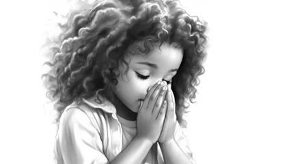 Fotobehang Cute little girl praying with both hands fervently wishing and giving thanks to God, children's sketch illustration drawn in pencil. Generative AI © Chaman