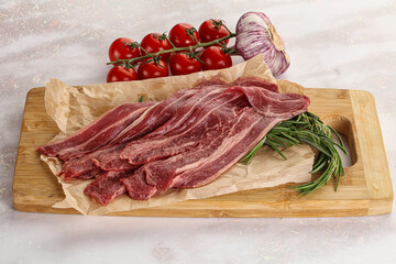 Raw beef bacon for cooking