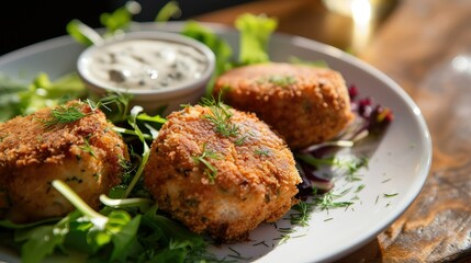 Crispy fish cakes made with a blend of fresh fish, herbs, and spices, served with a side of lemon-dill aioli and mixed greens. - obrazy, fototapety, plakaty