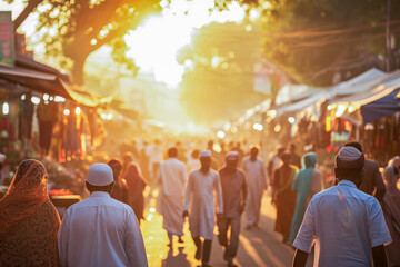 A bustling local market scene at sunset with people shopping and walking through the stalls, illustrating daily urban life and culture. - obrazy, fototapety, plakaty