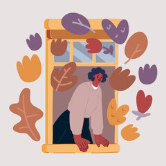 Naklejka premium Vector illustration of young woman peeking looking out