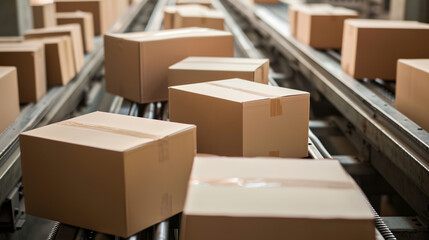 Cardboard boxes in warehouse being sorted on conveyor for delivery shipping - obrazy, fototapety, plakaty