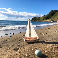 Toy sailboat on the beach.