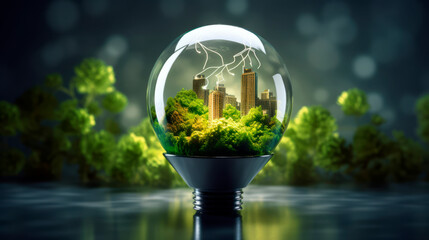 Glass sphere with quaint cottage and greenery with magical soft light in harmony with nature. Protecting and preserving the environment. Ecological habitats. Sustainable lifestyles