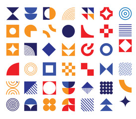Bauhaus elements. Set of 42 modern geometric abstract shapes in minimal style. Brutalism basic forms, lines, eye, circles and patterns, art vector 