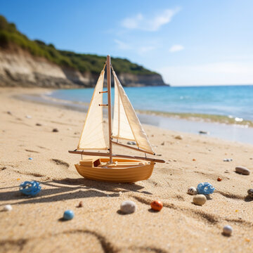 Toy sailboat on the beach.