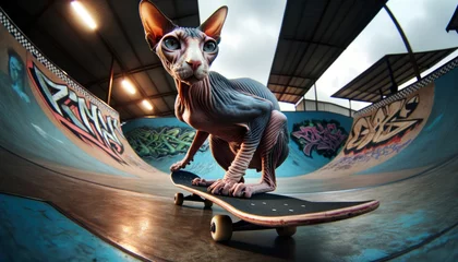 Rollo A Sphynx cat riding a skateboard in a skateboard park. © Attila