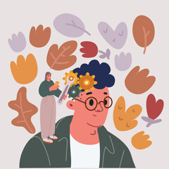 Vector illustration of Brain Gear Mechanic Mind. Woman making repair of big head mind with wrench