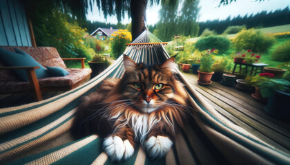 A Norwegian Forest Cat relaxing in a hammock. - obrazy, fototapety, plakaty