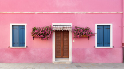 Fototapeta na wymiar House with pink wall. Colorful houses in Burano