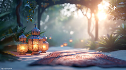 Eid Mubarek - Ramdan Kareem ... Islamic lantern in the middle of desert . generative AI - obrazy, fototapety, plakaty